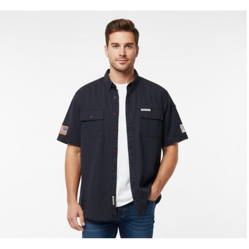 Grunt Style Mens Navy Blue Short Sleeve Button Up Shirt American Flag Patch Lg‎